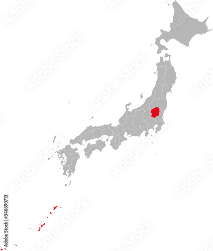 Okinawa province highlighted red on Japan map. Gray background. Business concepts and backgrounds.