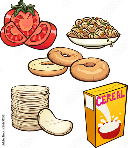 Cartoon food items and groceries. Vector clip art illustration with simple gradients. Some elements on separate layers.
