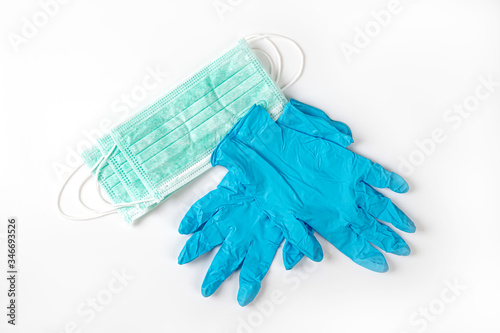 Blue gloves with protective isolated on white background. top view 