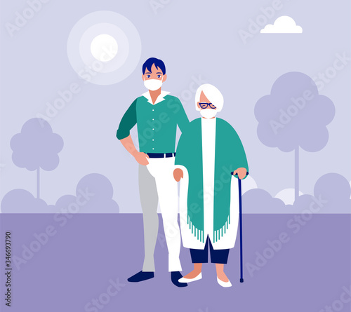 Man and grandmother with masks at park vector design