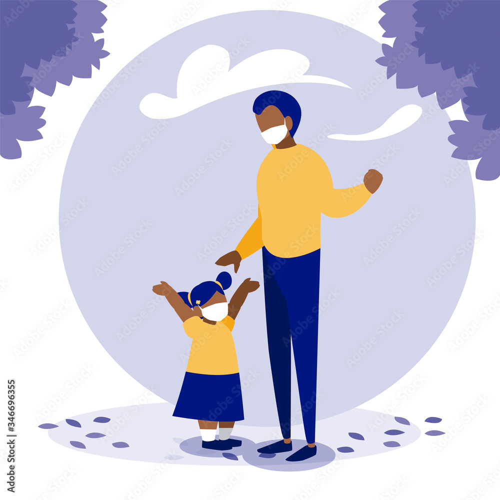 Father and daughter with masks outside vector design