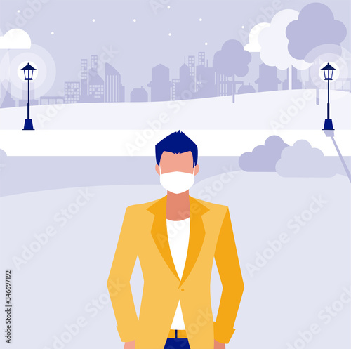 Man with mask outside at park vector design
