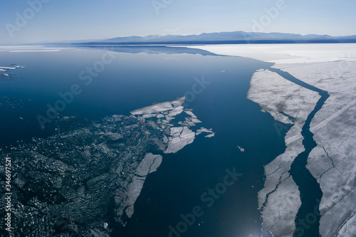 Aerial view of melting ice floes on Lake Baikal