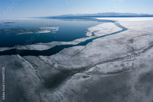 Aerial view of melting ice floes on Lake Baikal