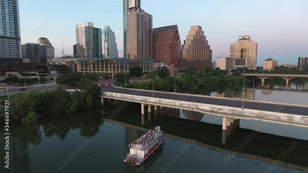 Cruise Boat Downtown Austin Texas and Colorado River Aerial View Cruise Boat Downtown Austin Texas and Colorado River Aerial View