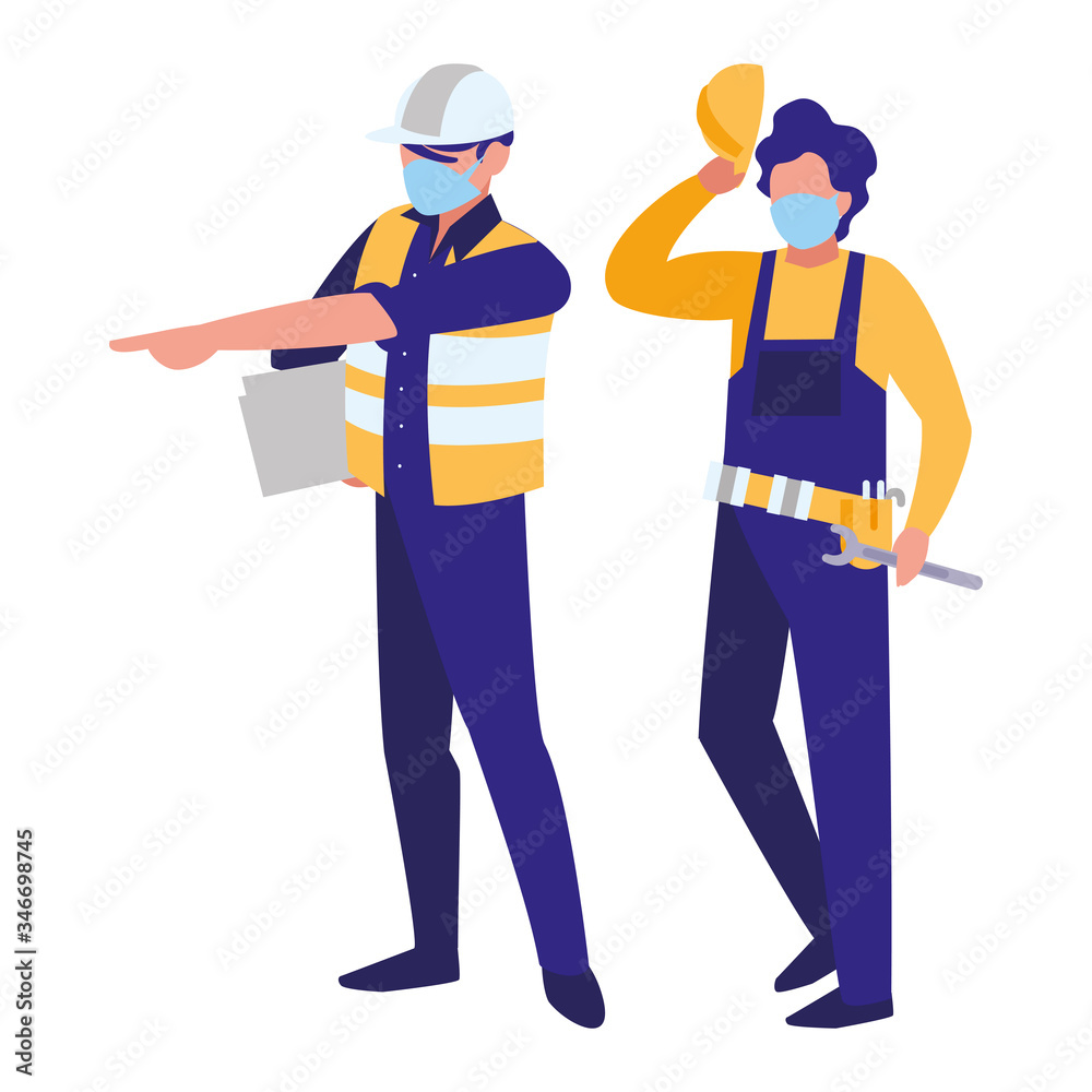 industrial workers men working with face mask industrial workers men working with face mask