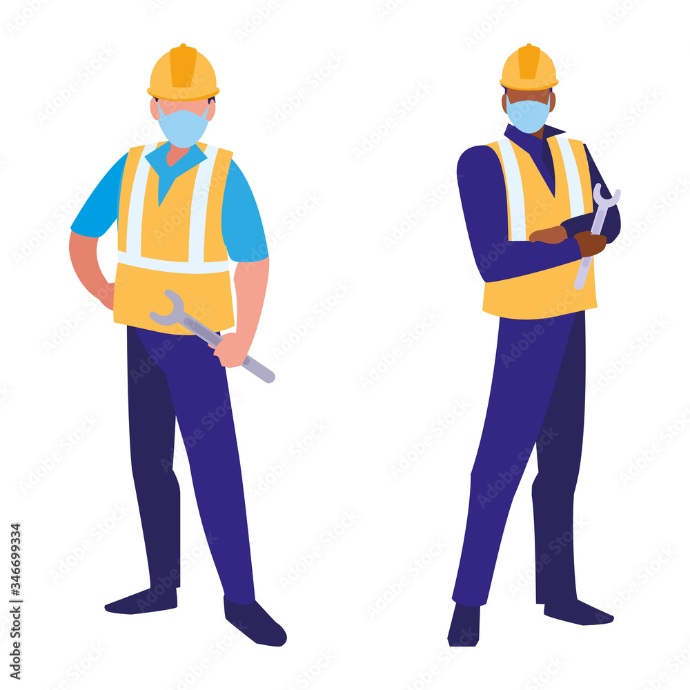 industrial workers men working with face mask industrial workers men working with face mask