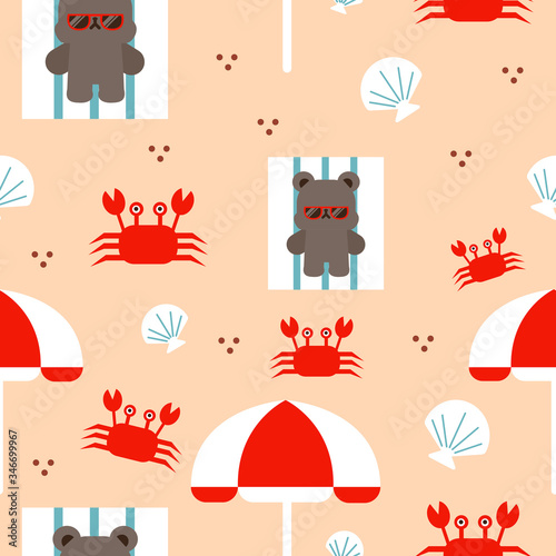 Sunbathing bear with crabs and shells seamless pattern