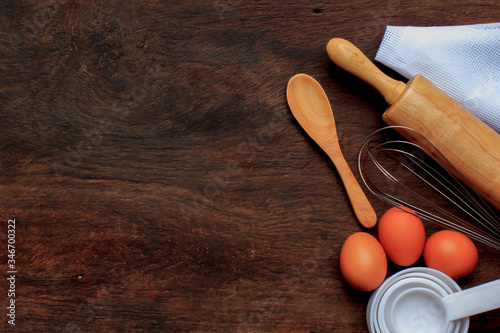 Rolling pin, egg, spoon