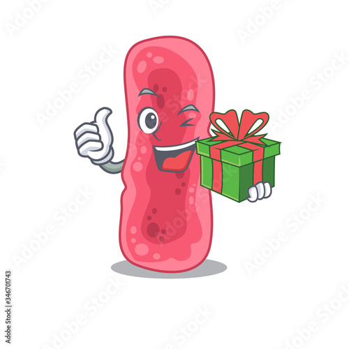 Smiling shigella sonnei cartoon character having a green gift box