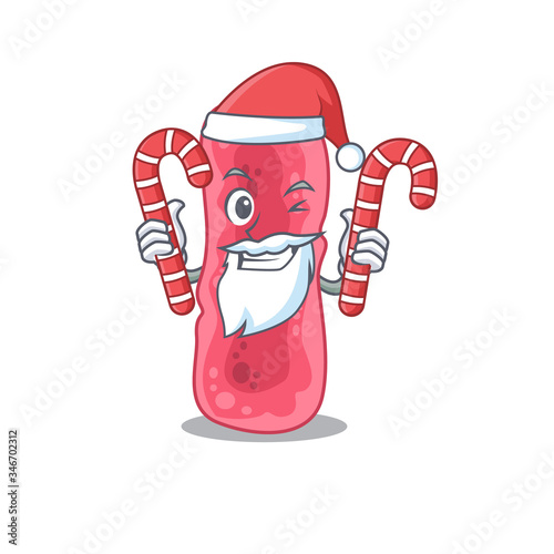 Friendly shigella sonnei in Santa Cartoon character holds Christmas candies