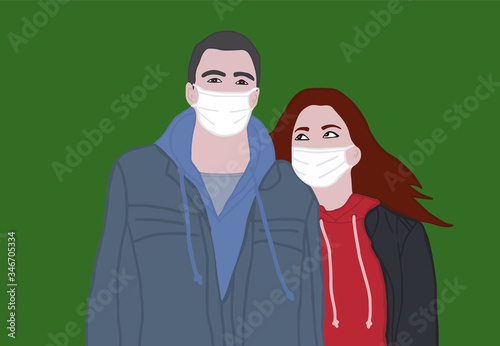 Vector illustration of woman and man wearing medical masks to protect themselves from coronavirus infection.