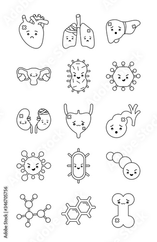 Human organs and virus line style icon set vector design