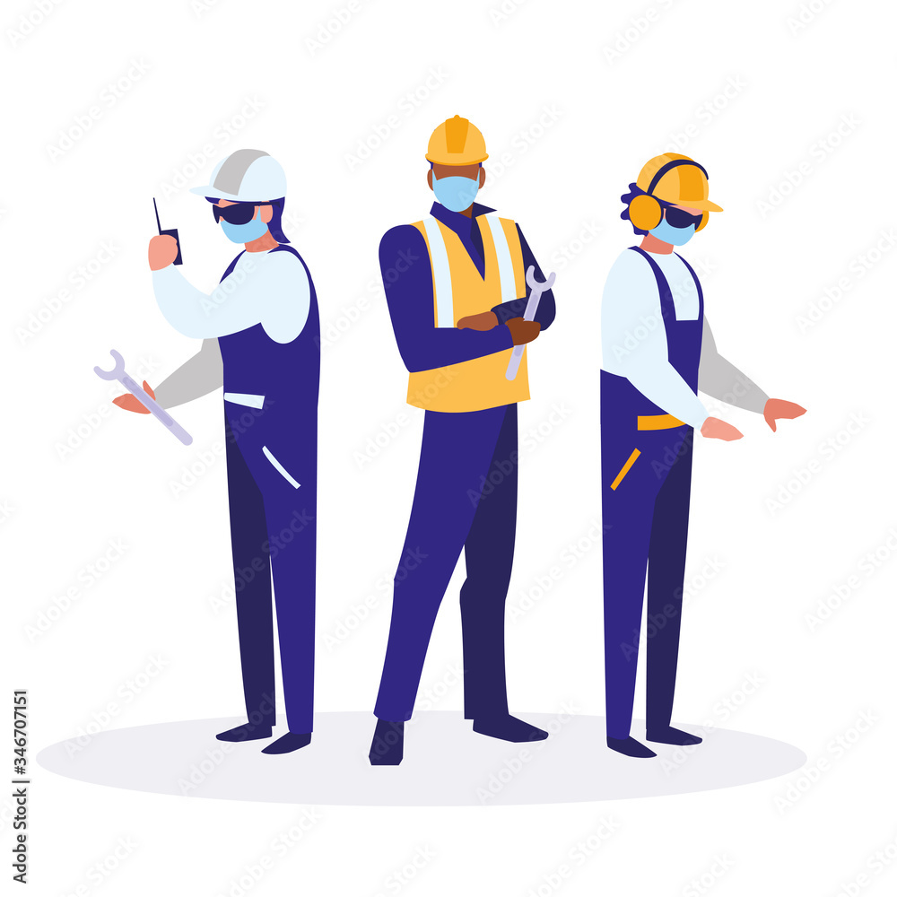 industrial workers men working with face mask industrial workers men working with face mask