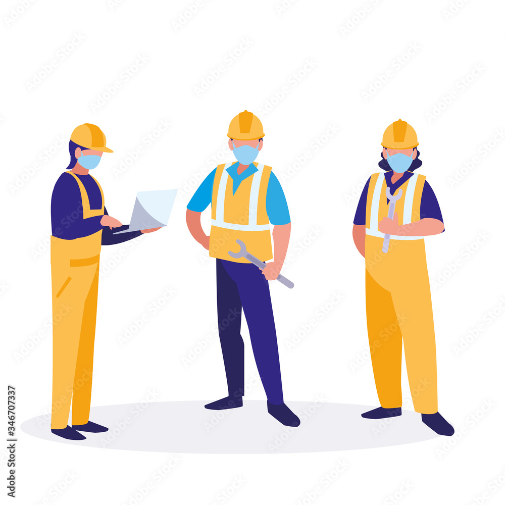 Naklejka premium industrial workers men working with face mask