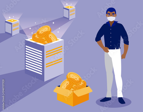 Man with mask and bitcoins boxes vector design