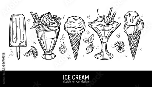 Set of hand drawing realistic ice cream. Sweet deserts collection.