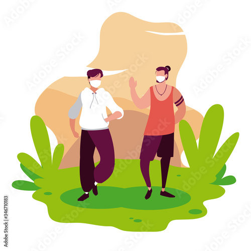 Men avatars with masks outside vector design