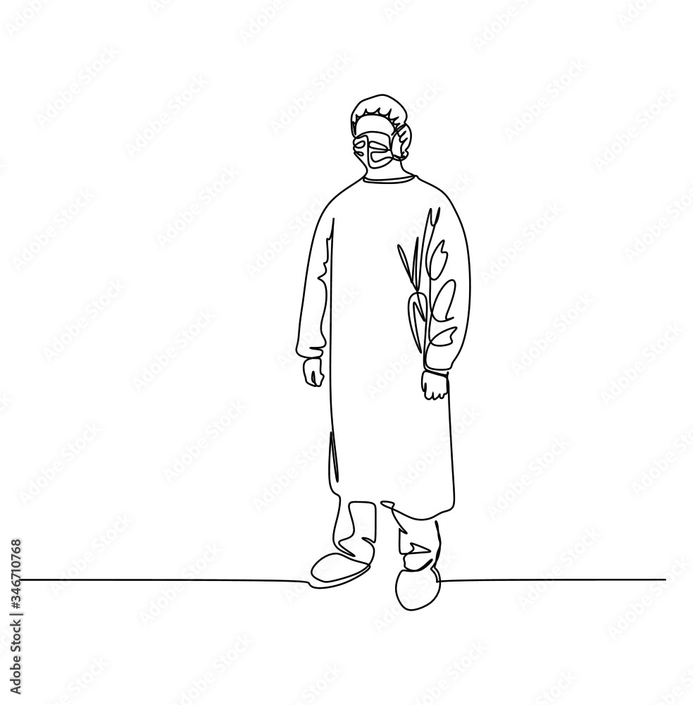 A man in disposable surgical gown wearing mask. Continuous single line drawing vector illustration A man in disposable surgical gown wearing mask. Continuous single line drawing vector illustration