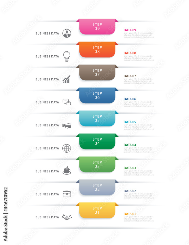 9 data step infographics timeline tab paper index template. Vector illustration abstract background. Can be used for workflow layout, banner, web design. - obrazy, fototapety, plakaty 