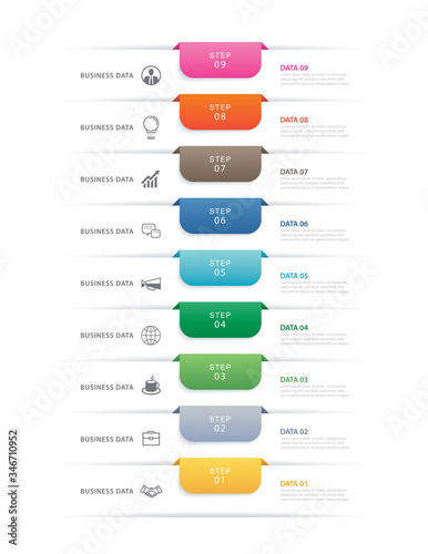 9 data step infographics timeline tab paper index template. Vector illustration abstract background. Can be used for workflow layout, banner, web design.