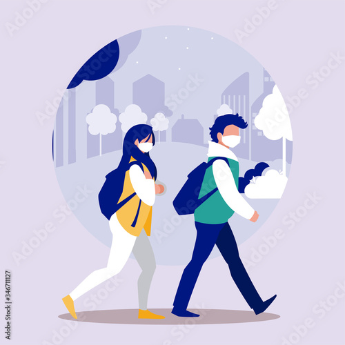Woman and man with mask at park vector design