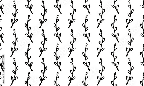 Seamless pattern with hand drawn plant branches. Fabric or textile print template. Floral design element. Spring and summer symbol. Contour otline drawing of simple black twig photo