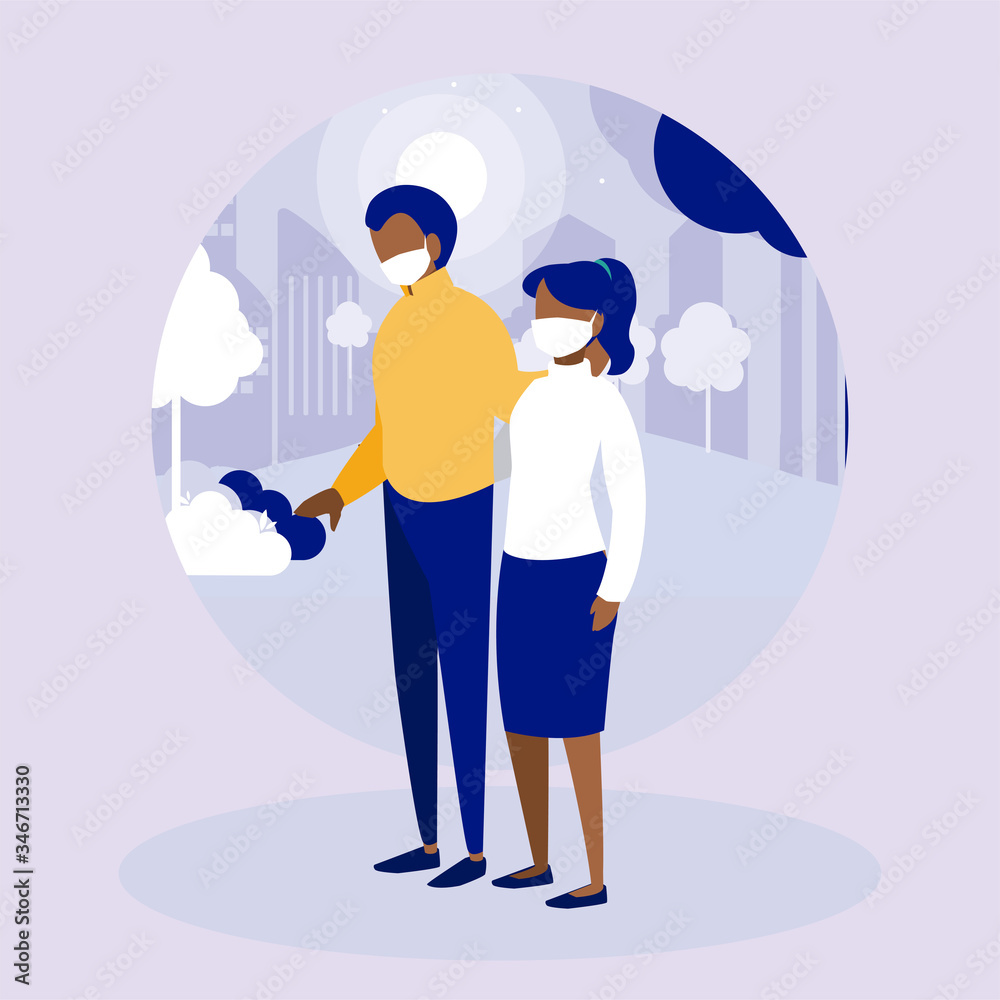 Woman and man couple with masks at park in front of city buldings vector design Woman and man couple with masks at park in front of city buldings vector design