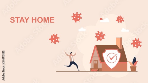 stay home.a man runs to the house for safety from the outside virus.social distancing.vector illustration