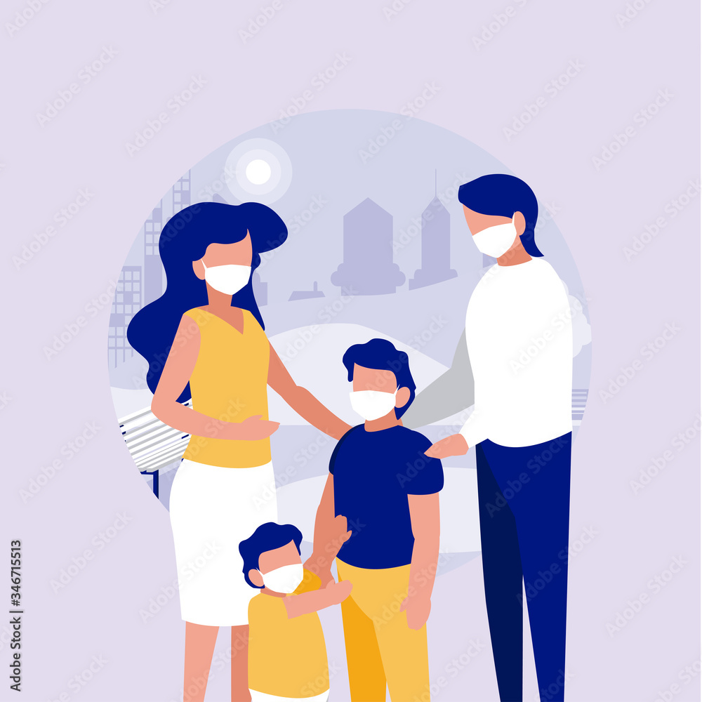 Family with masks at park in front of city vector design Family with masks at park in front of city vector design
