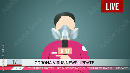 Vector illustration of a news reporter, reporting news about corona virus, while wearing respirator masker.