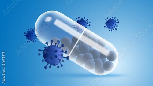 Antiviral medication against coronavirus . Transparent Covid-19 virus Capsule . Vector illustration .