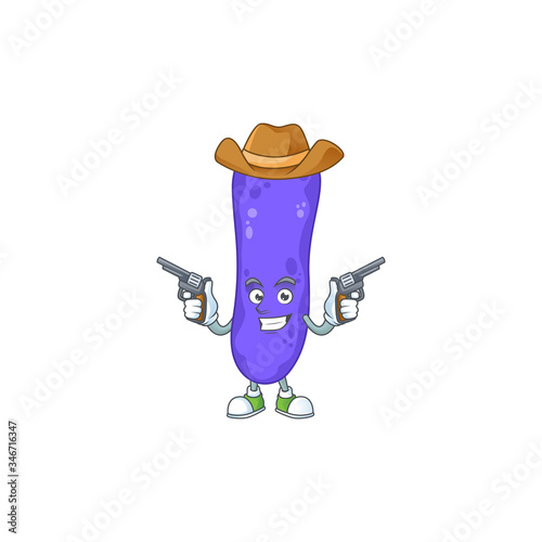 A cowboy cartoon character of escherichia coli holding guns