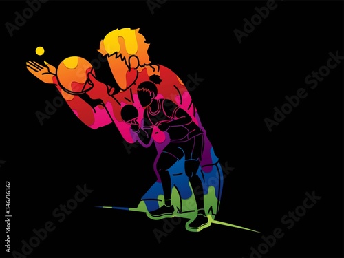 Group of Ping Pong players, Table Tennis players action cartoon sport graphic vector.