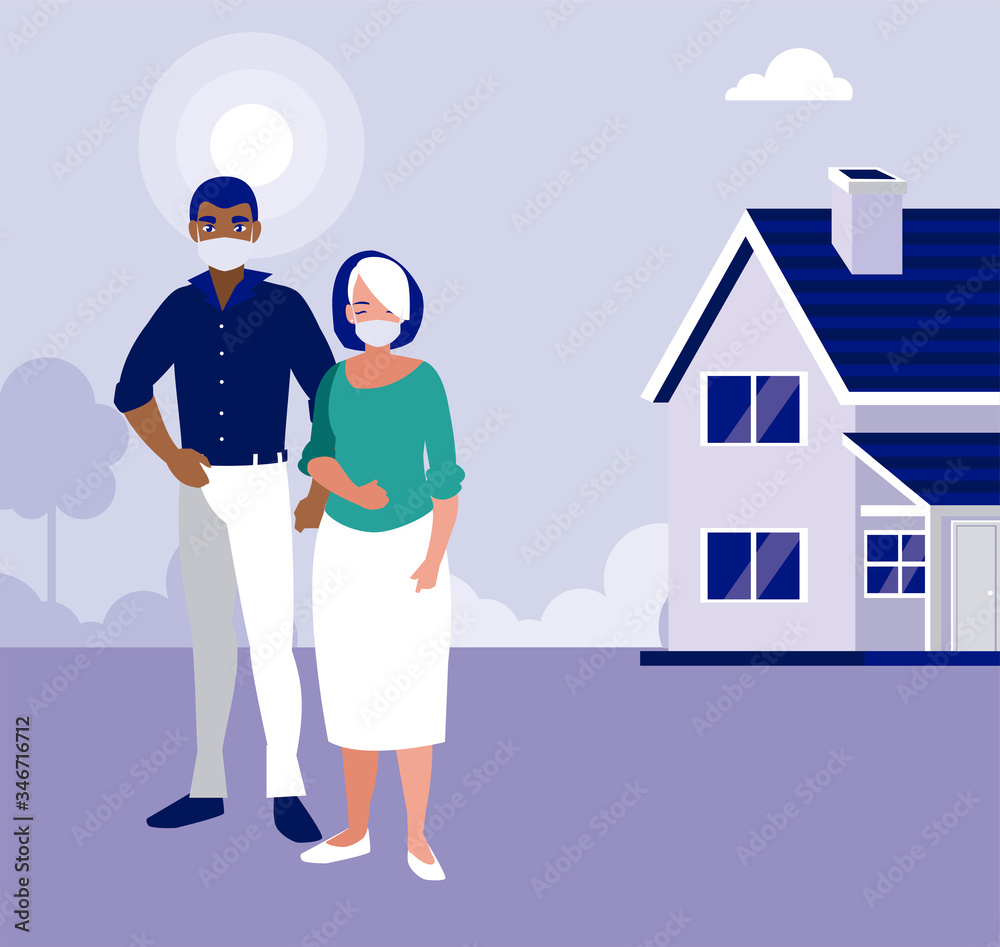 Woman and man couple with masks outside house vector design Woman and man couple with masks outside house vector design