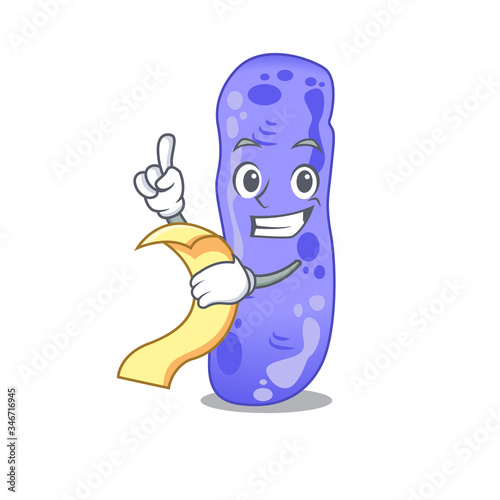 Legionella mascot character design with a menu on his hand