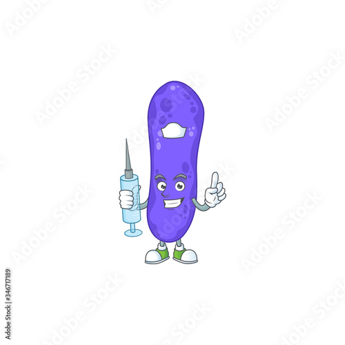 Friendly Nurse escherichia coli mascot design style using syringe