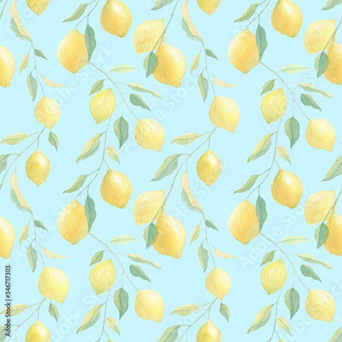 Watercolor seamless pattern with yellow lemons and leaves on blue background. Mediterranean pattern. Watercolor hand drawn.  For textile, covers, fabric, napkins, tablecloths. Summer, spring season