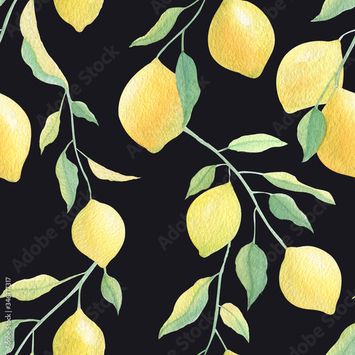 Watercolor seamless pattern with yellow lemons and leaves on black background. Mediterranean pattern. Watercolor hand drawn.  For textile, covers, fabric, napkins, tablecloths. Summer, spring season