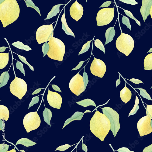 Watercolor seamless pattern with yellow lemons and leaves on blue background. Mediterranean pattern. Watercolor hand drawn.  For textile, covers, fabric, napkins, tablecloths. Summer, spring season