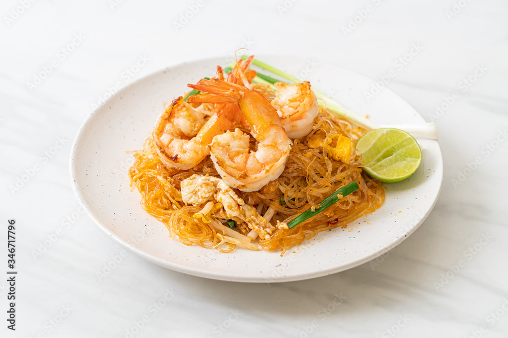 Vermicelli Pad Thai or Thai stir fried vermicelli with shrimps