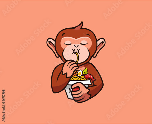 The logo funny monkey eats noodles. Food logotype, cute animal macaque