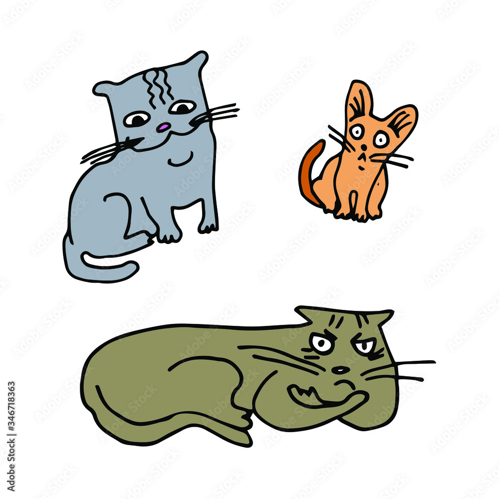 Set of cats with different emotions - good-natured, angry, scared. Sitting, lying. White background, isolate. Stock illustration.
