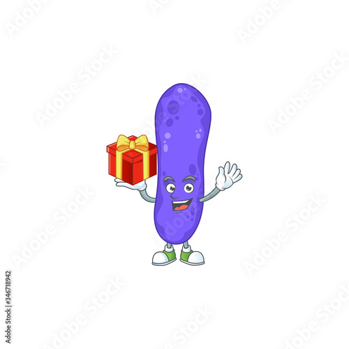 Charming escherichia coli mascot design has a red box of gift