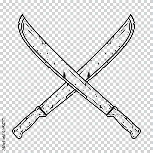 Two crossed machetes on a transparent background.