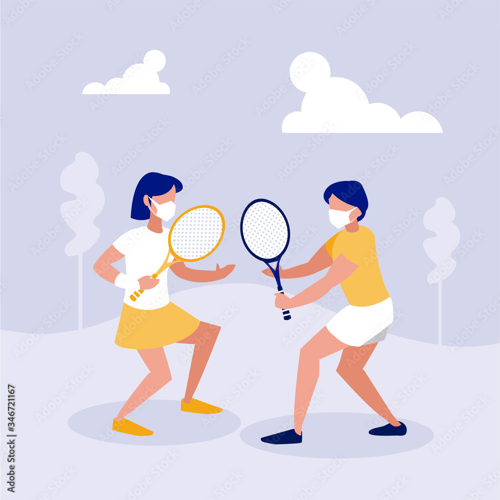 Women and man with mask playing tennis at park vector design Women and man with mask playing tennis at park vector design