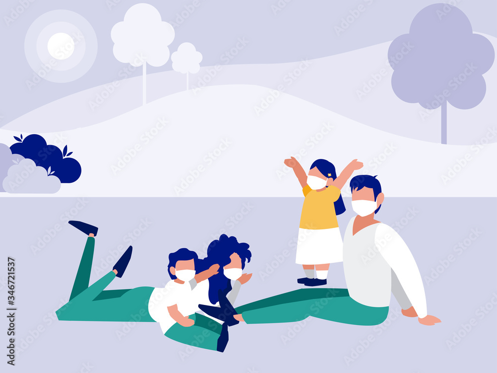 Family with masks at park with trees vector design Family with masks at park with trees vector design