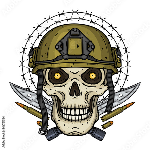 Soldier skull. Skull in helmet with tactical knifes, bullets and barbed wire.