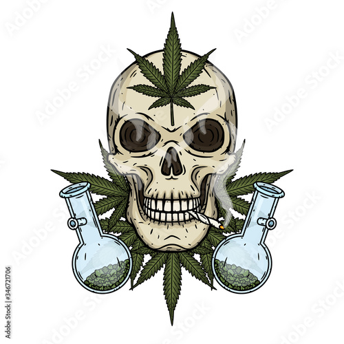 Skull. Skull with bong and marijuana leaves. Rastaman skull with cannabis leafs and spliff.