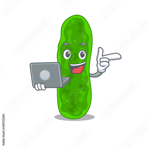 Cartoon character of legionella micdadei clever student studying with a laptop
